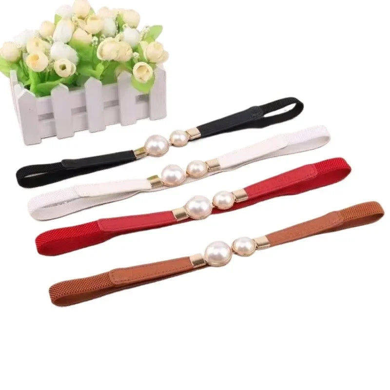 Women's Elastic Pearl Buckle Thin Belt – PU Waist Strap
