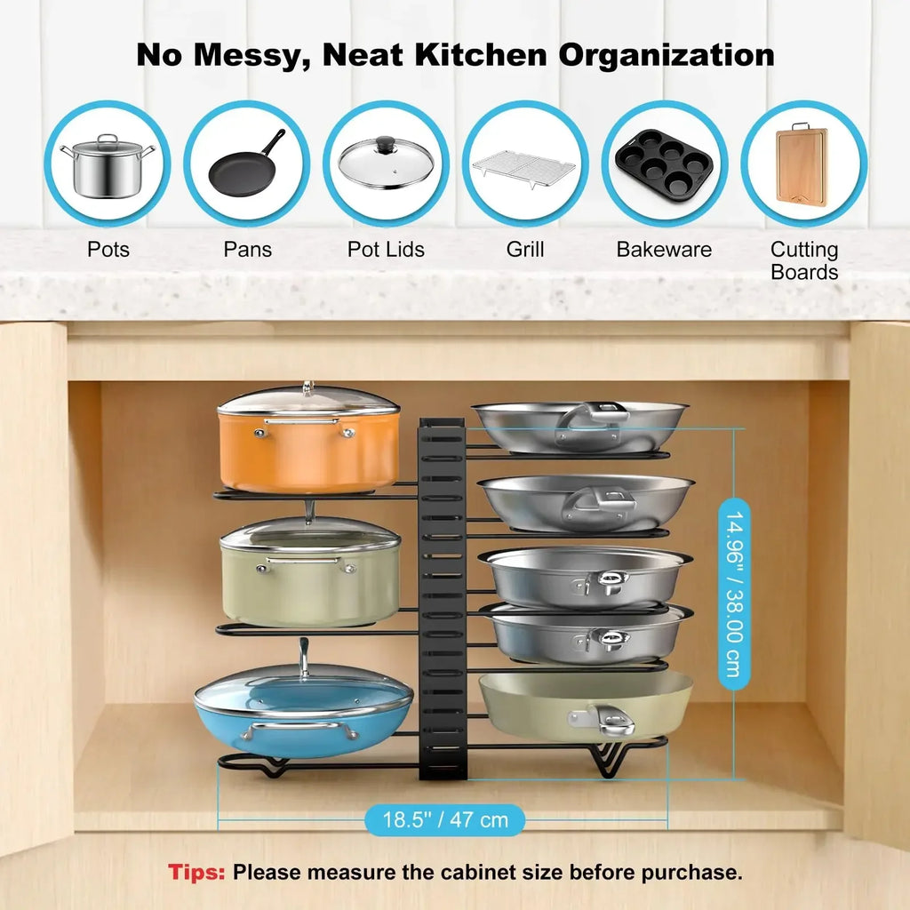 8-Tier Adjustable Pot & Pan Cabinet Rack Organizer | Cast Iron