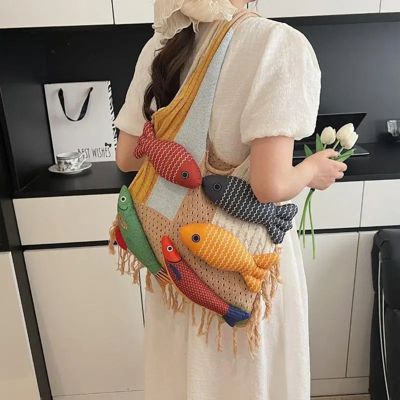 Tassel Knit Fish Tote Bag – Cute Casual Shoulder Handbag