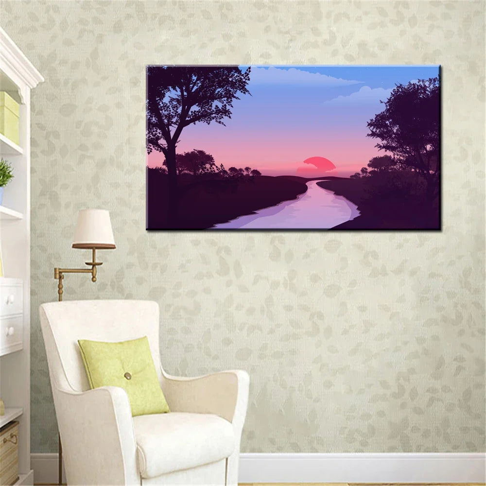 Sunset River Canvas Wall Art | Unframed Scenery Poster