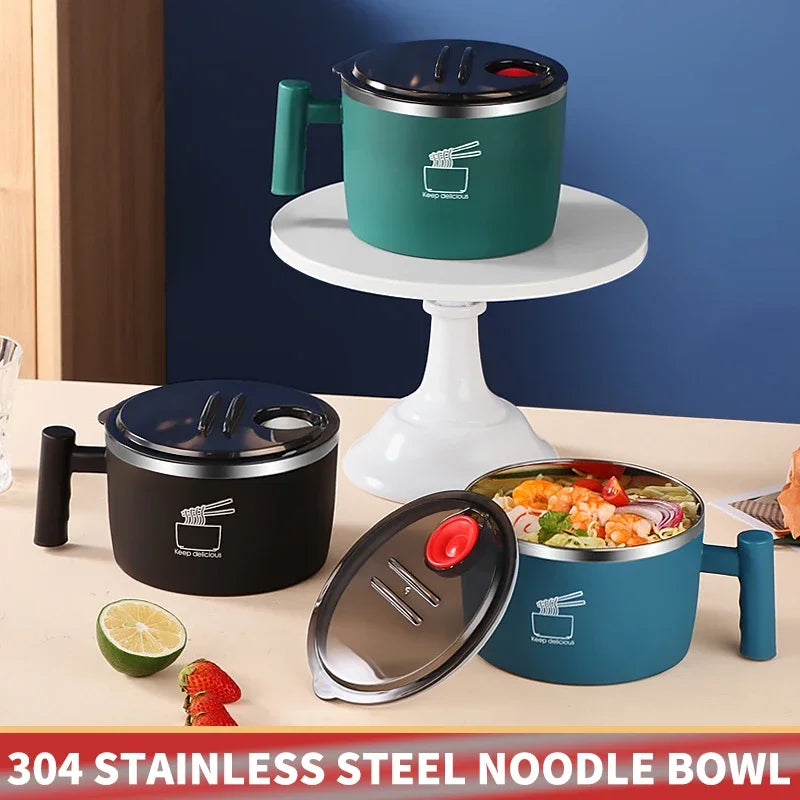 Stainless Steel Bowl Lid Instant Noodles Sealed Portable Drain