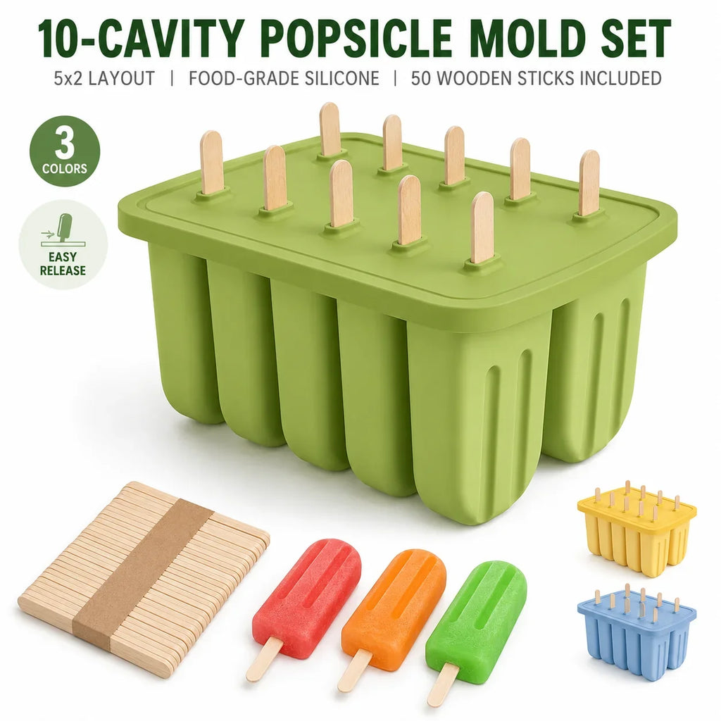 10-Cavity BPA Free Silicone Popsicle Mold with 50 Wooden Sticks