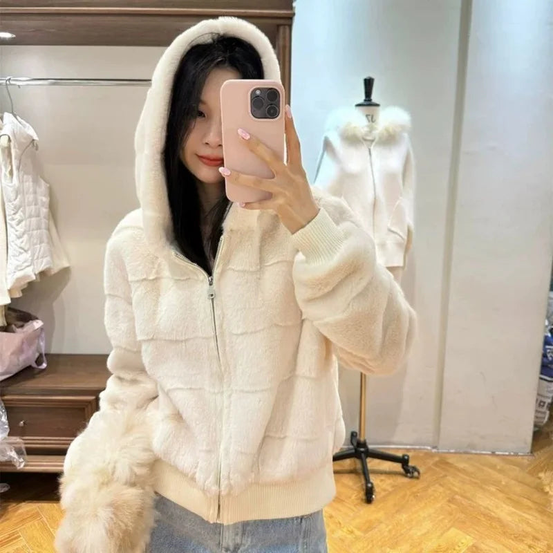 Women's Faux Mink Hoodie Jacket – Korean Style Winter Coat