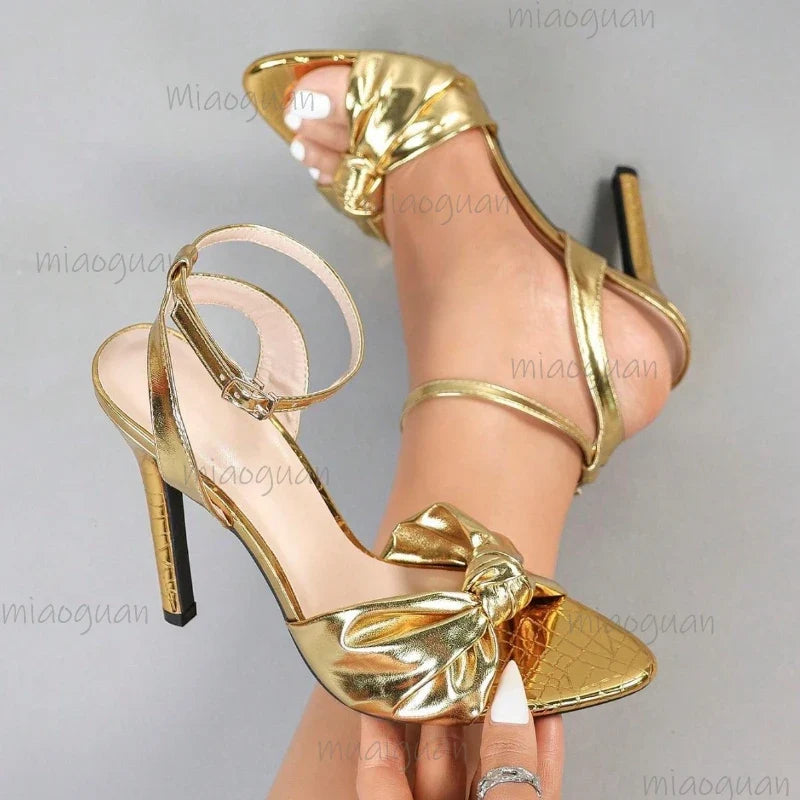 Gold High Heel Open Toe Sandals – Bow Party Dress Pumps