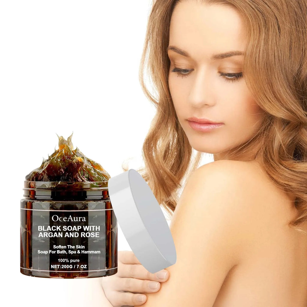 OCEAURA Black Beldi Soap Argan & Rose Body Scrub 200g