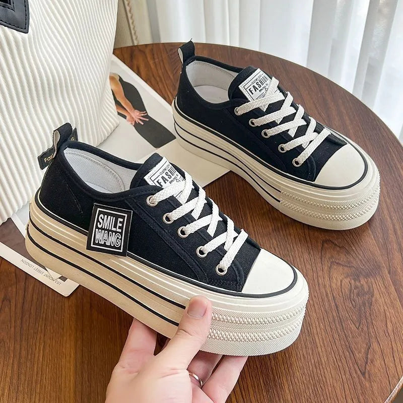 Women's Black Platform Canvas Sneakers – Lace-Up Fashion