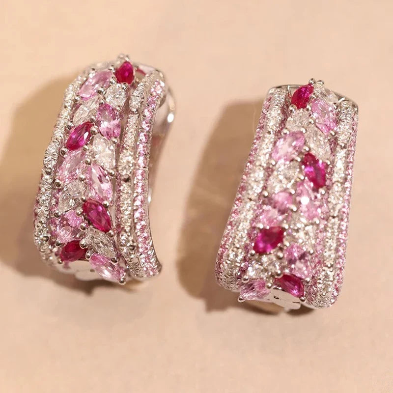 Huitan Pink CZ Hoop Earrings – Silver Plated Luxury Jewelry