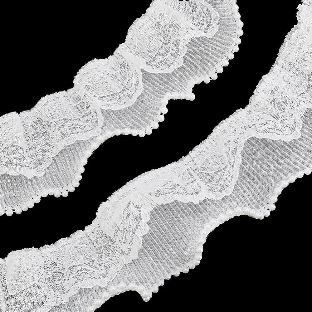 7 Yards Pearl Flower Ruffled Lace Ribbon Trim – White DIY