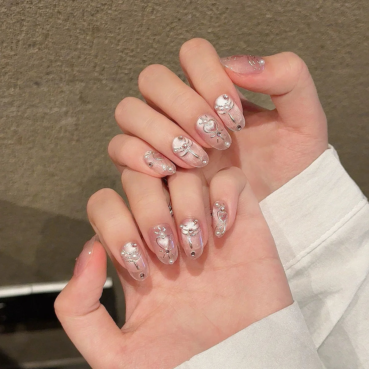 Korean Press-On Nails | Pink Cat Eye Rabbit Design – YADORNOS