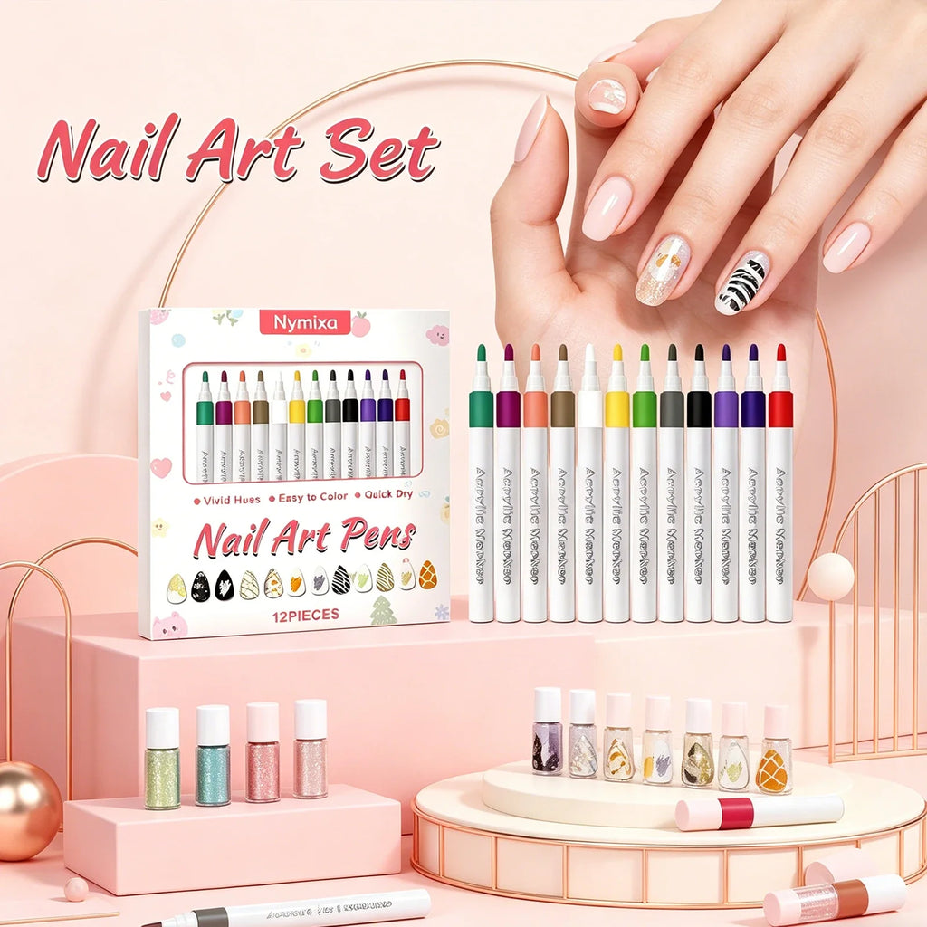 12-Piece Multicolor Nail Art Pen Set – Waterproof DIY Manicure