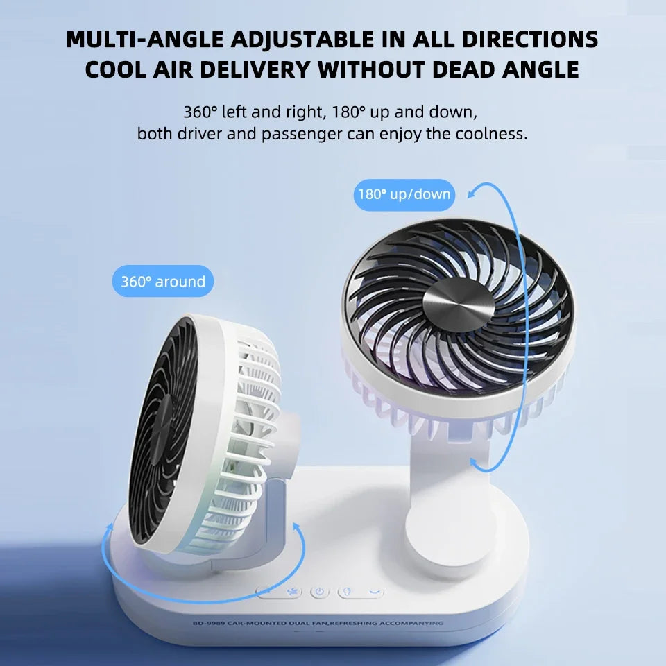 URGGU Dual Head USB Car Fan – 360° Adjustable, 3 Speeds