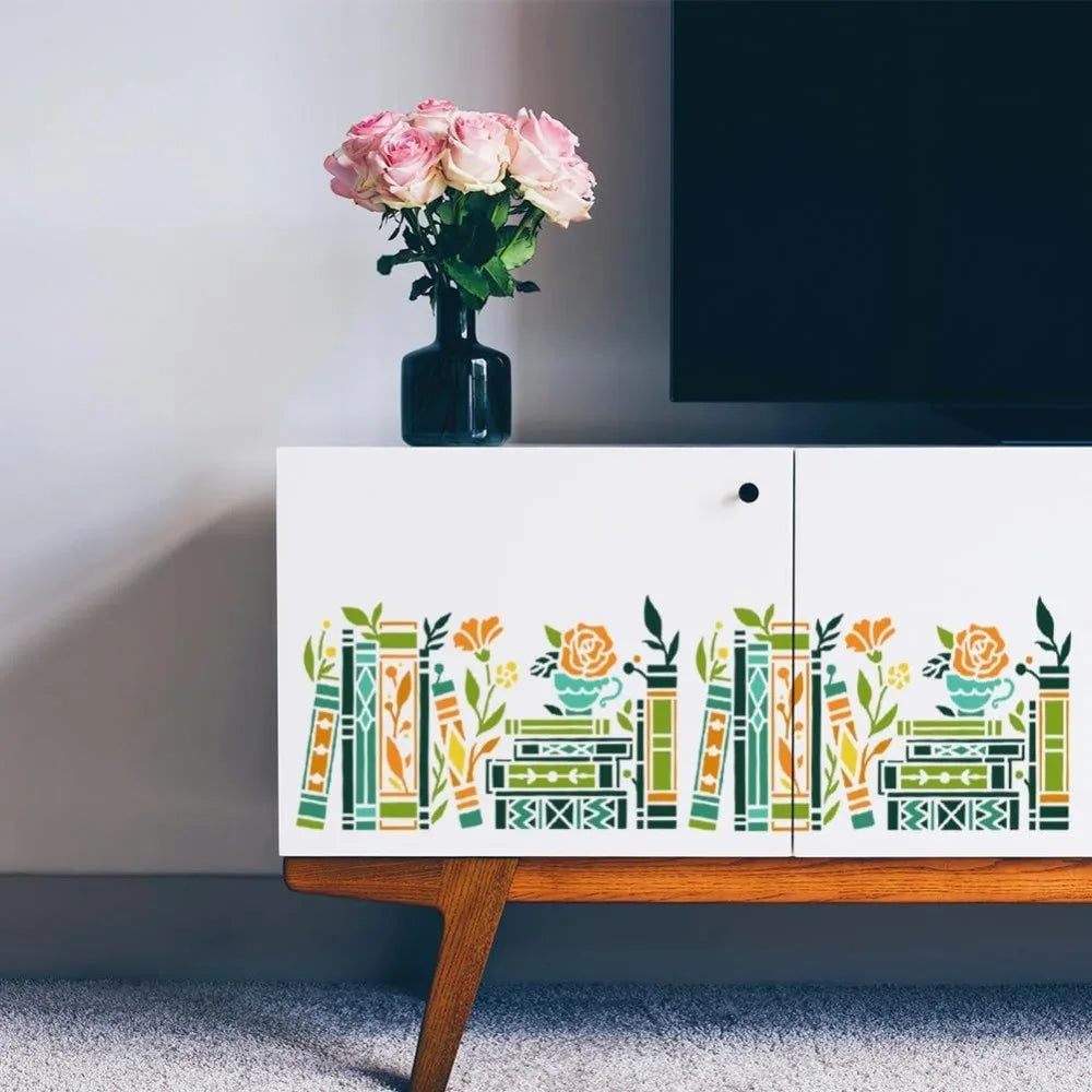 Book & Plants Wall Stencil – Reusable 11.69"x8.27" Template