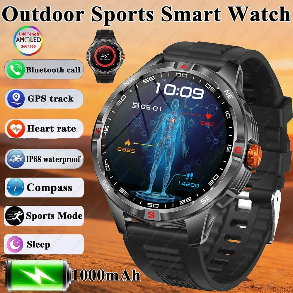 Military 1000mAh Battery Sports Smart Watch Adult Men Compass BT Call