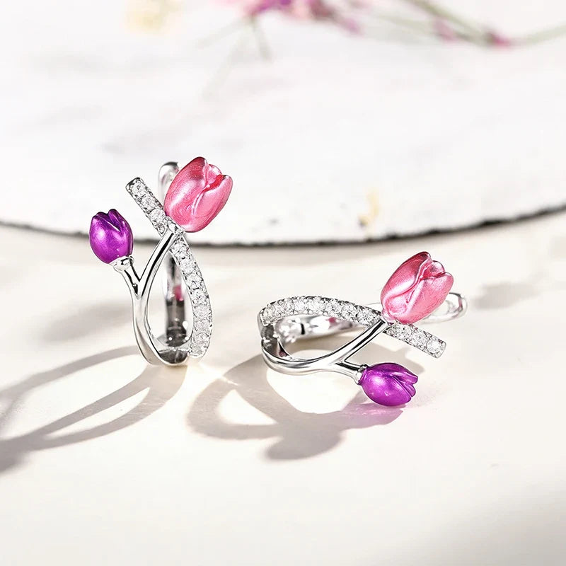 Huitan Pink Purple Tulip Hoop Earrings – CZ Flower Jewelry