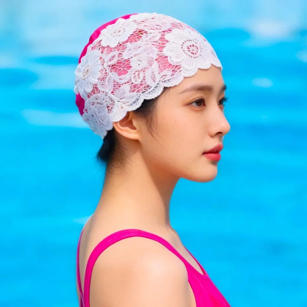 Lace Swim Cap for Women – Waterproof Long Hair Swimming Cap