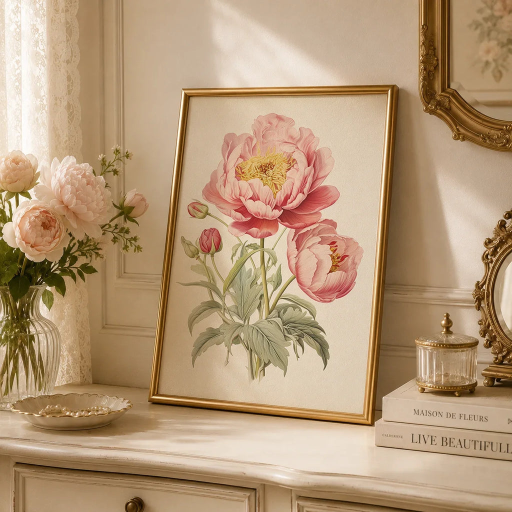 Vintage Botanical Peony Canvas Print | Pink Floral Wall Art
