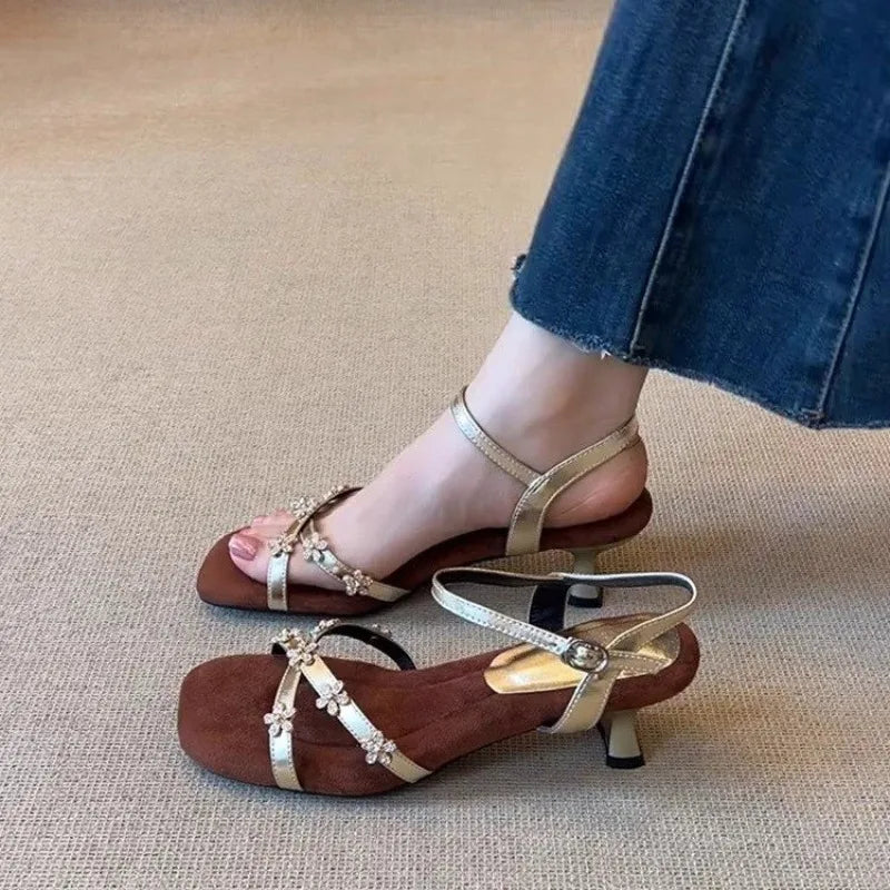 Women's Flower Buckle Peep Toe Low Heel Sandals | Party Shoes
