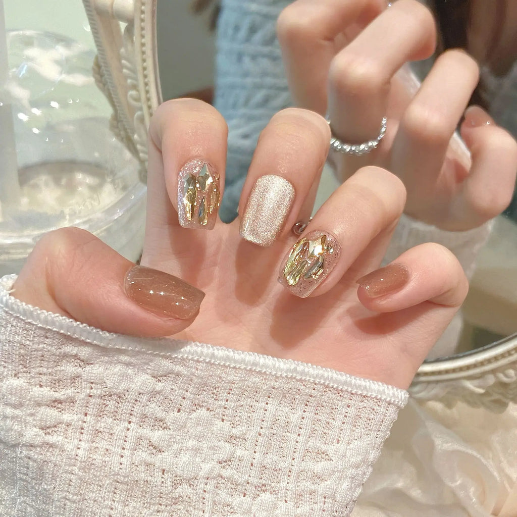 Handmade Short Press Nails Sparkling Champagne Cat's Eye Fake Nail