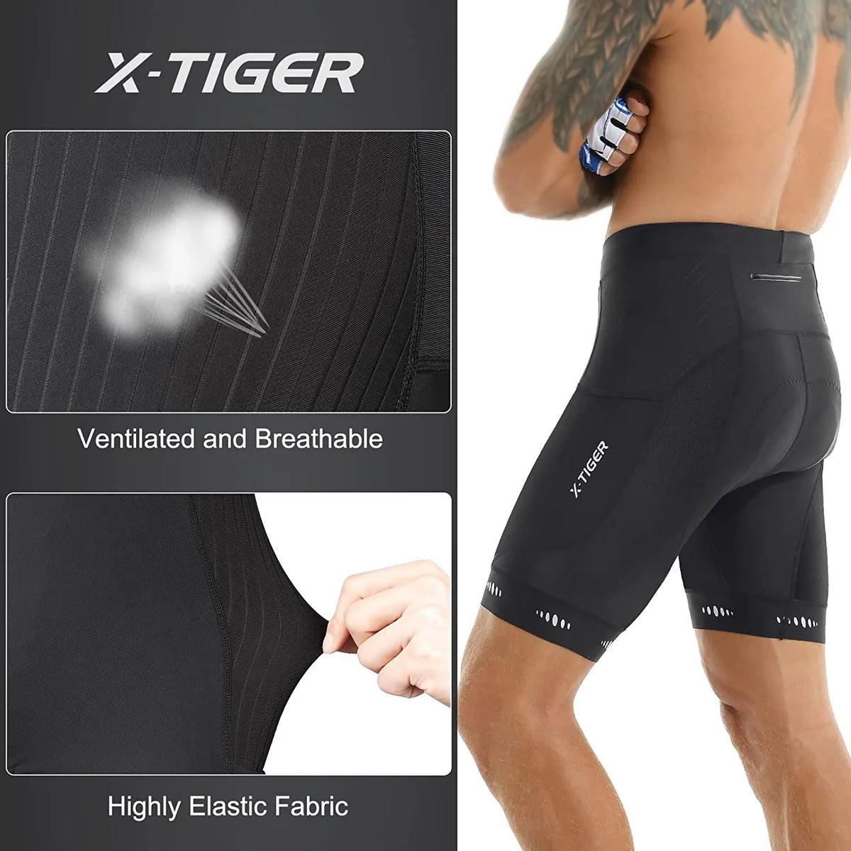 X-TIGER Men's 5D Gel Padded Cycling Shorts with Back Pocket