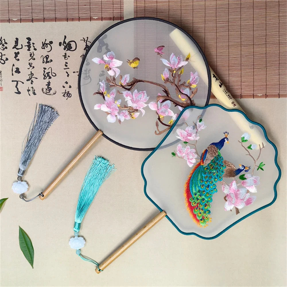 Flower Embroidered Silk Round Fan Chinese Hand Fans Wooden Handle