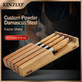 XINZUO 5-Pc Damascus Steak Knife Set | Olive Wood & Acacia Tray