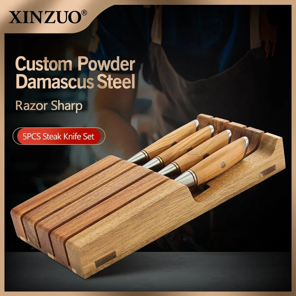 XINZUO 5-Pc Damascus Steak Knife Set | Olive Wood & Acacia Tray
