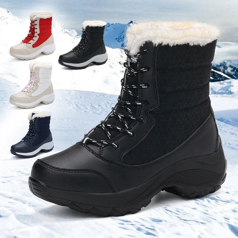 AZGB Women's Plush Winter Snow Boots – Lace-Up Ankle Wedge