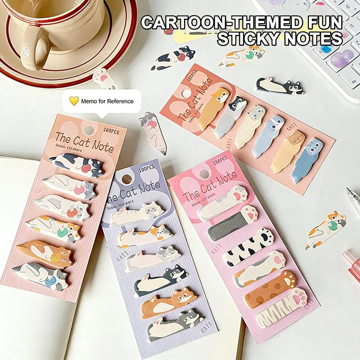 Cute Cat Sticky Notes – 180 Sheets Cartoon Memo Pads