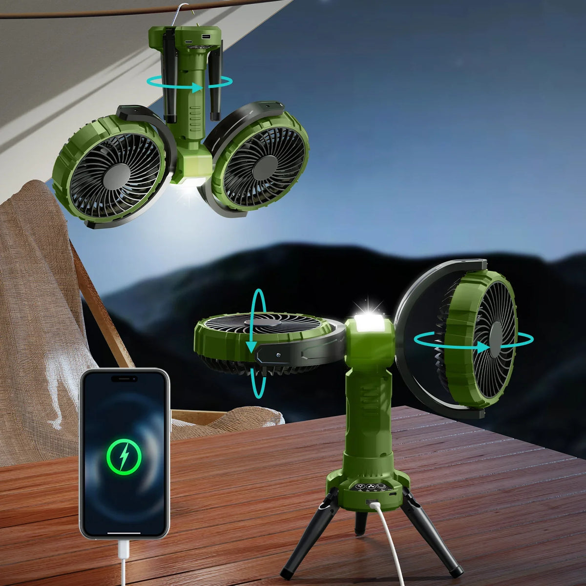 10000mAh Dual Head Fan – 4 Speeds, USB, Portable Outdoor Fan