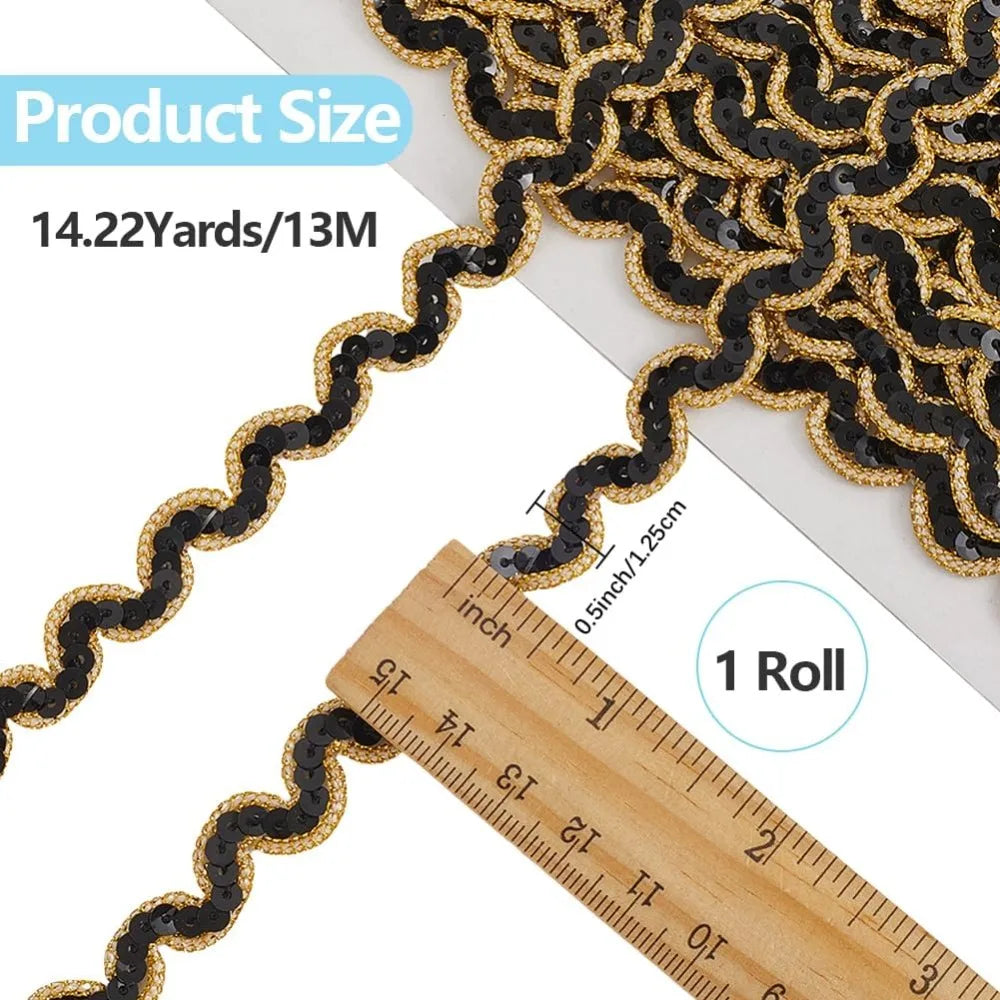 13M Black Metallic Sequin Ribbon – Wave Edge Lace Trim 12.5mm