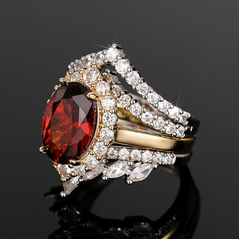 Huitan 3-Piece Red CZ Bridal Ring Set for Women | Wedding Jewelry