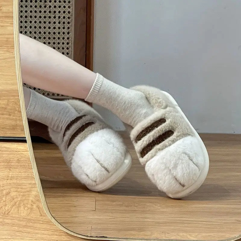 3D Cat Paw Slippers – Faux Fur Mule Clogs for Women & Men