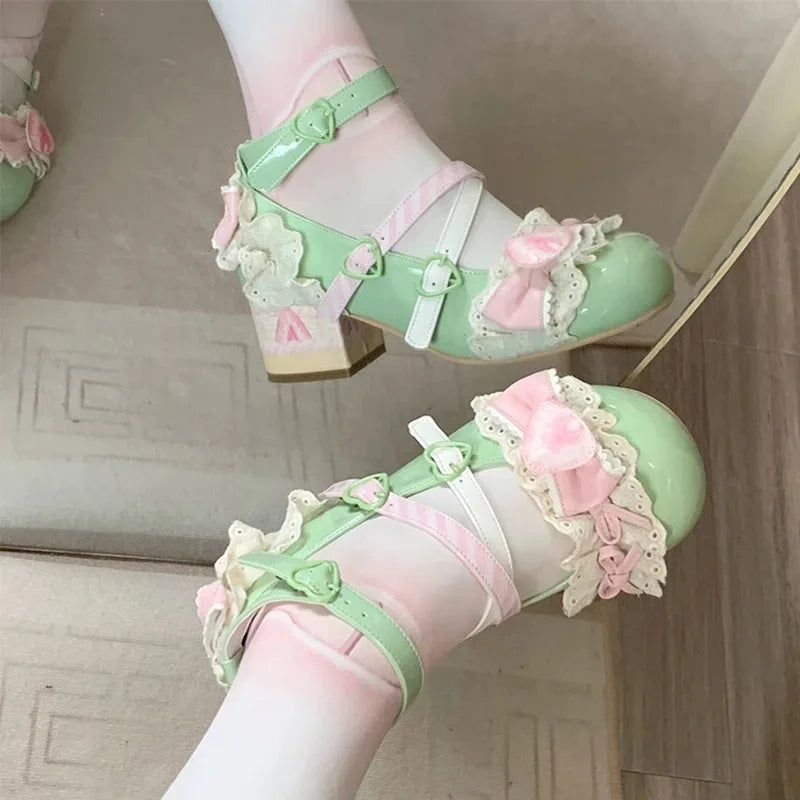 Women's Lolita Mary Jane Heels – Lace Strawberry Bowknot Pumps