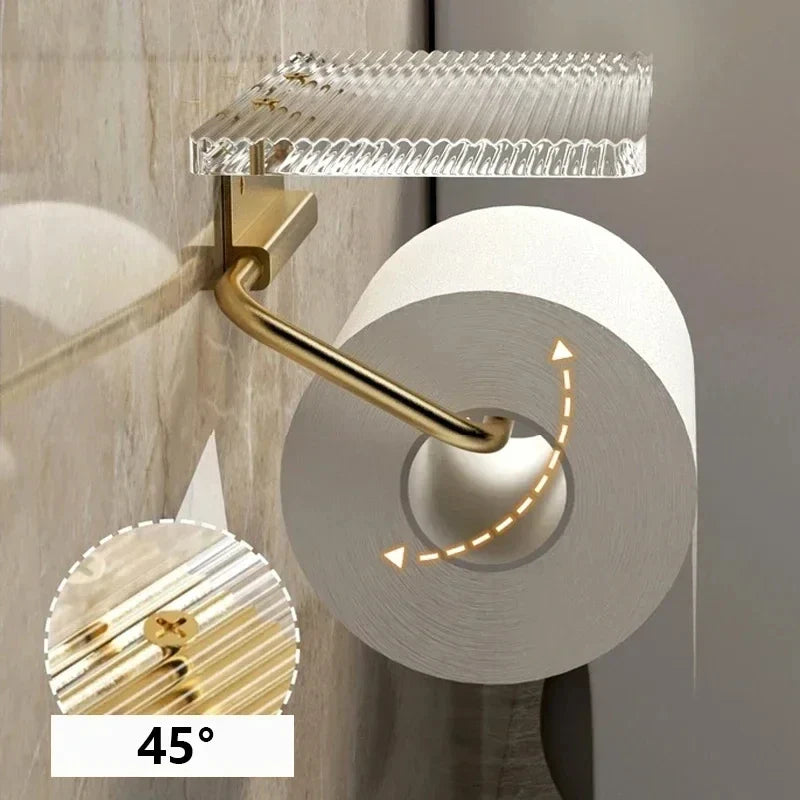 Gold Toilet Paper Holder with Shelf – No-Drill Acrylic Design