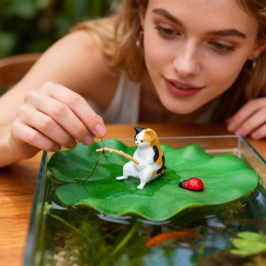 Floating Cat Fishing Aquarium Ornament – Resin Betta Tank Decor