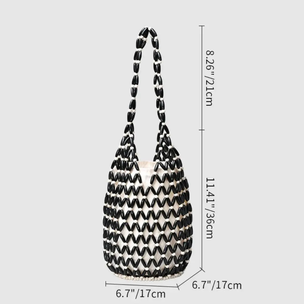 Women's Woven Wooden Bead Tote Bag – Hollow-Out Bucket Shoulder