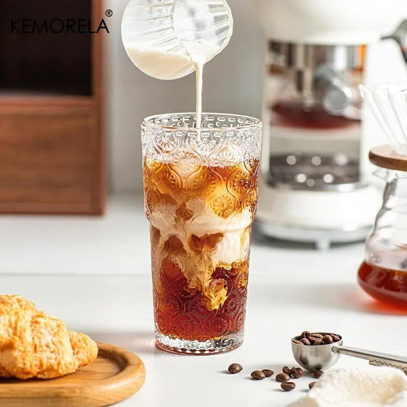 KEMORELA 600ml Begonia Glass Tumbler with Lid & Straw | 1-2 PCS