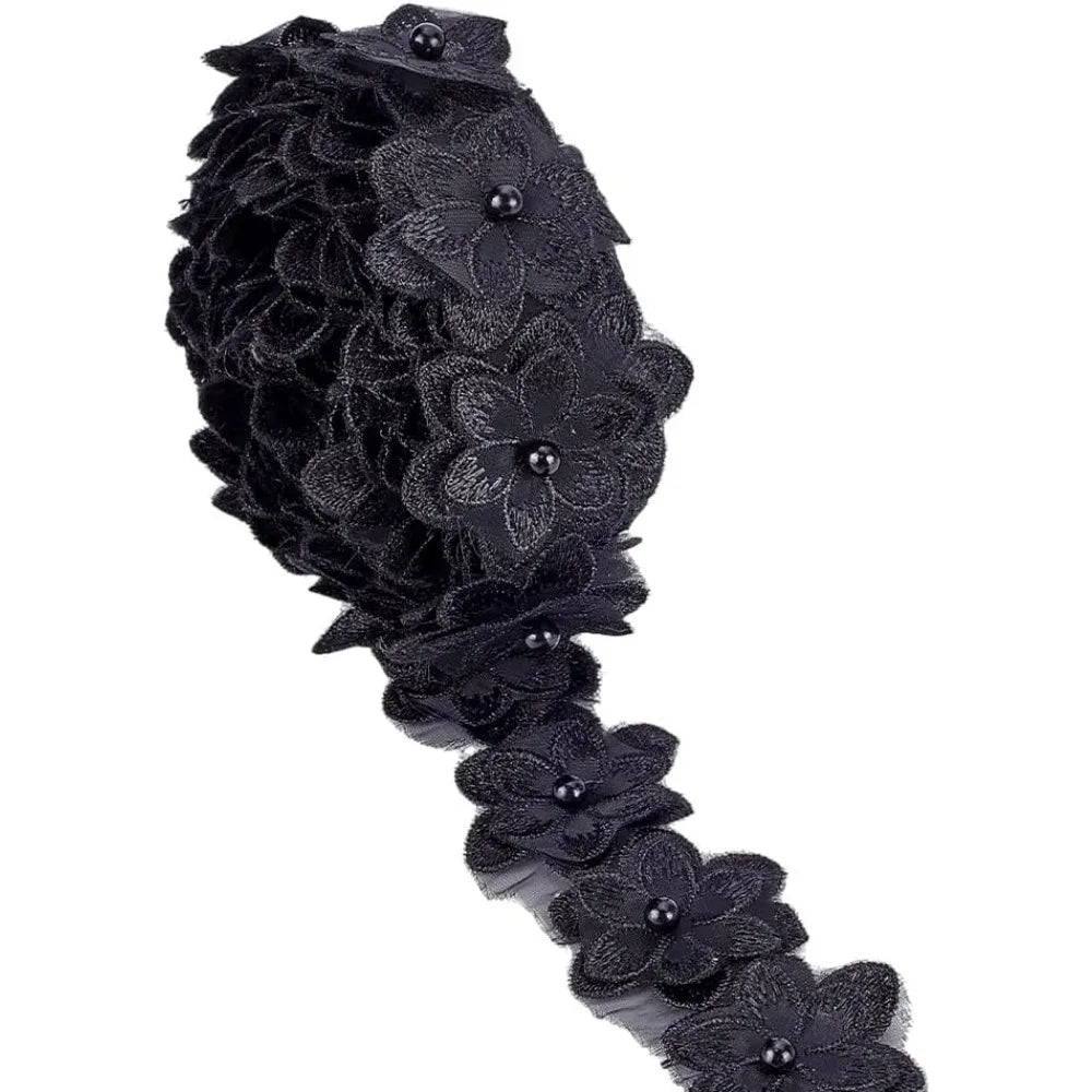Pearl Trim Organza Lace Ribbon 4 Yds – 3D Floral Applique Black