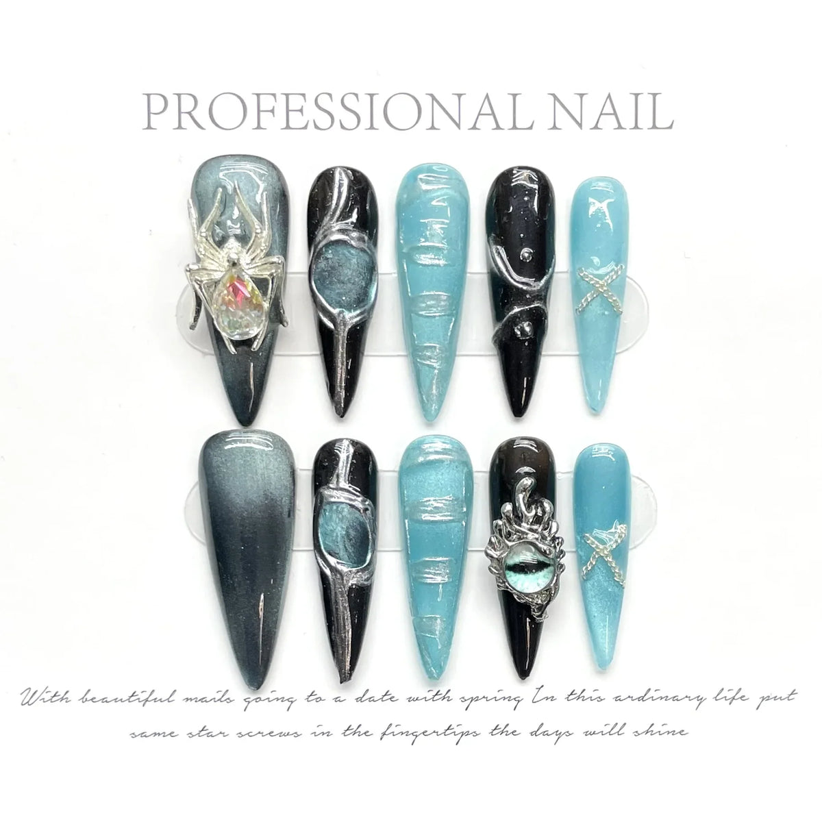 3D Spider Crystal Press-On Nails | Blue Cat Eye Gothic 10pcs