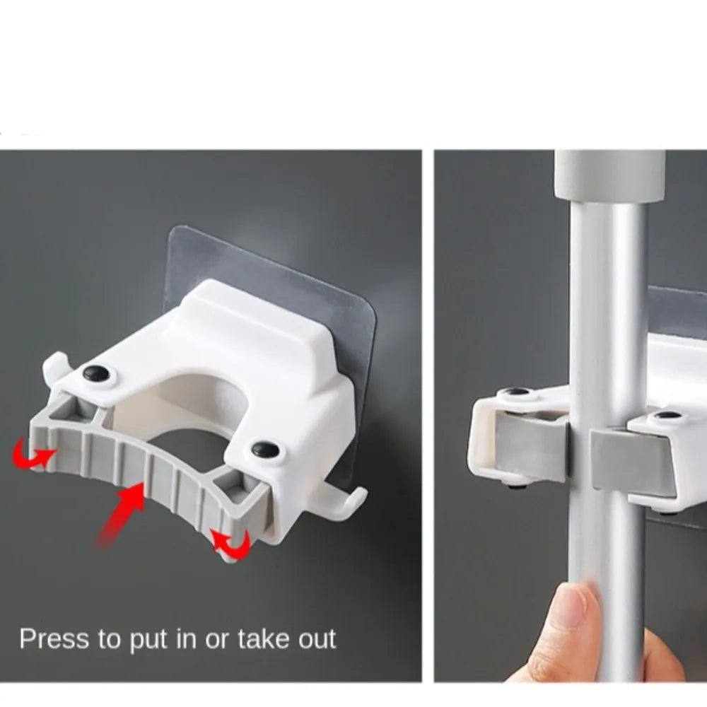 Punch-Free Wall-Mounted Mop Holder Rack with Hook | ABS Clamp