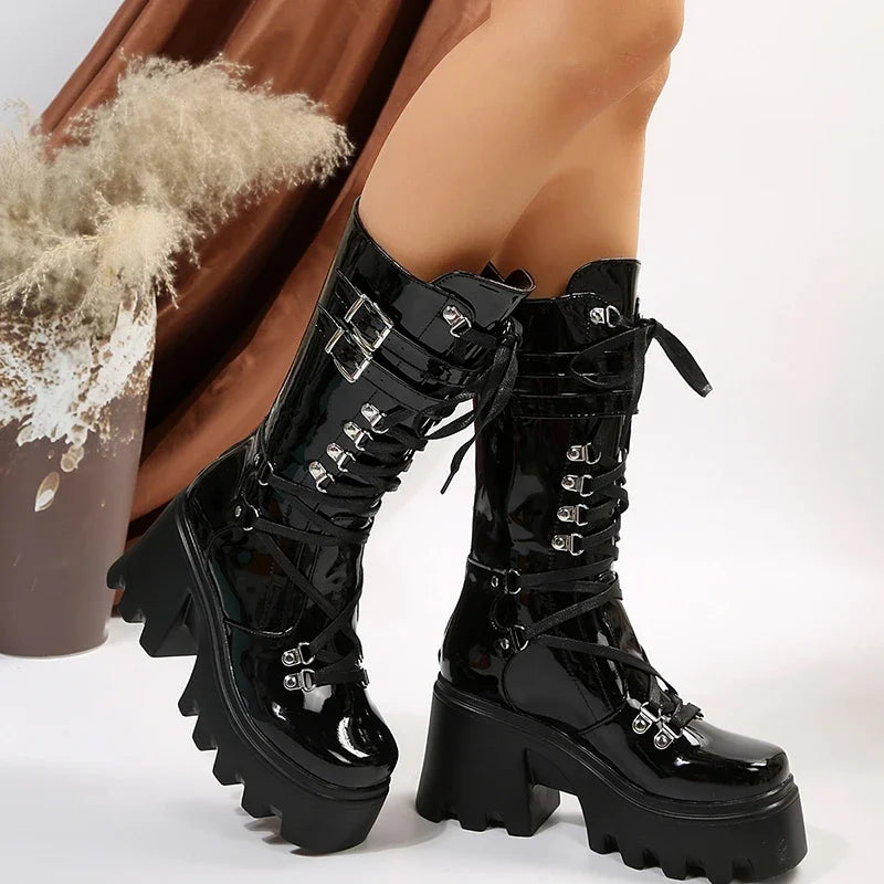 Women's Punk Patent Leather Platform Mid-Calf Wedge Boots