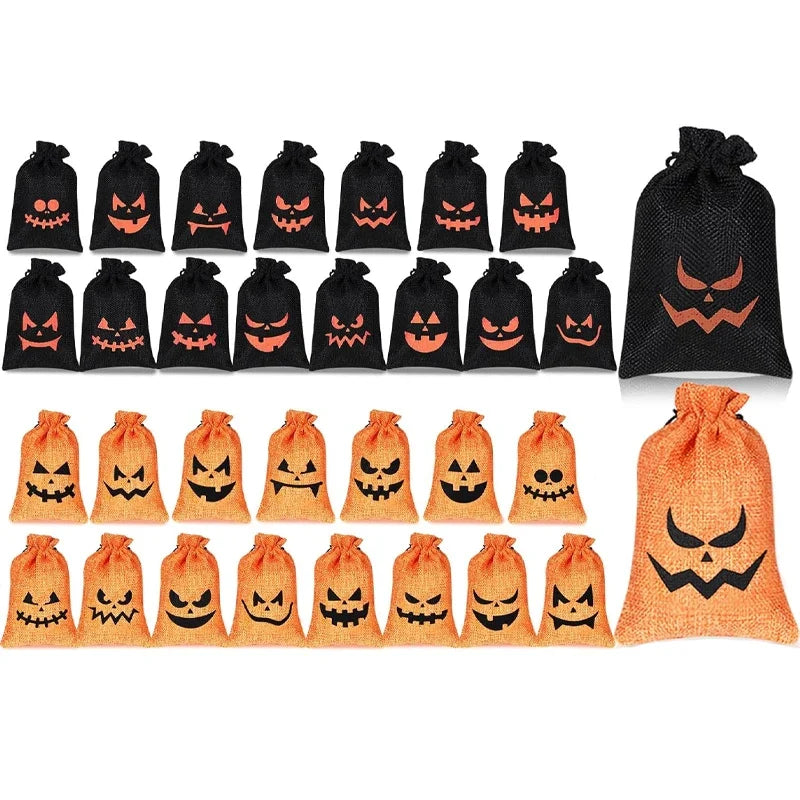 16-Pack Halloween Pumpkin Burlap Drawstring Candy Bags