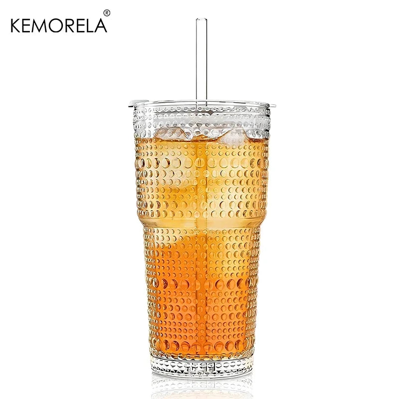 KEMORELA 600ml Hobnail Glass Tumbler with Lid & Straw