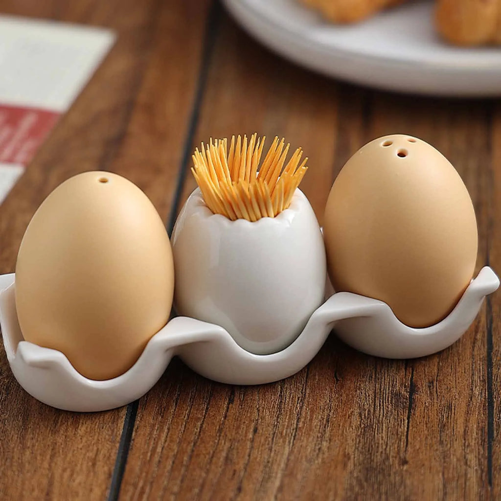 Egg-Shaped Ceramic Spice Bottle Set with Tray & Toothpick Box