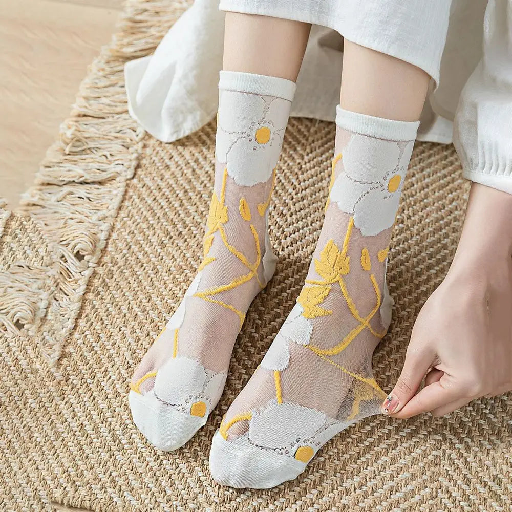 Korean Floral Mesh Tube Socks – Sheer Embroidery Women's Socks