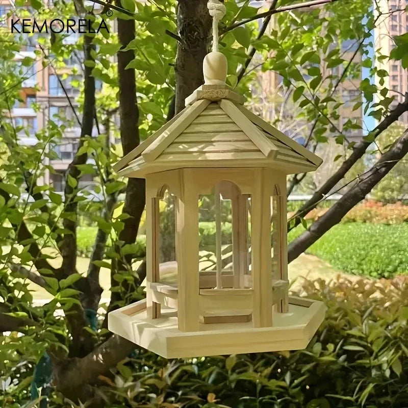 KEMORELA Wooden Hanging Bird Feeder House – Woven Outdoor Decor