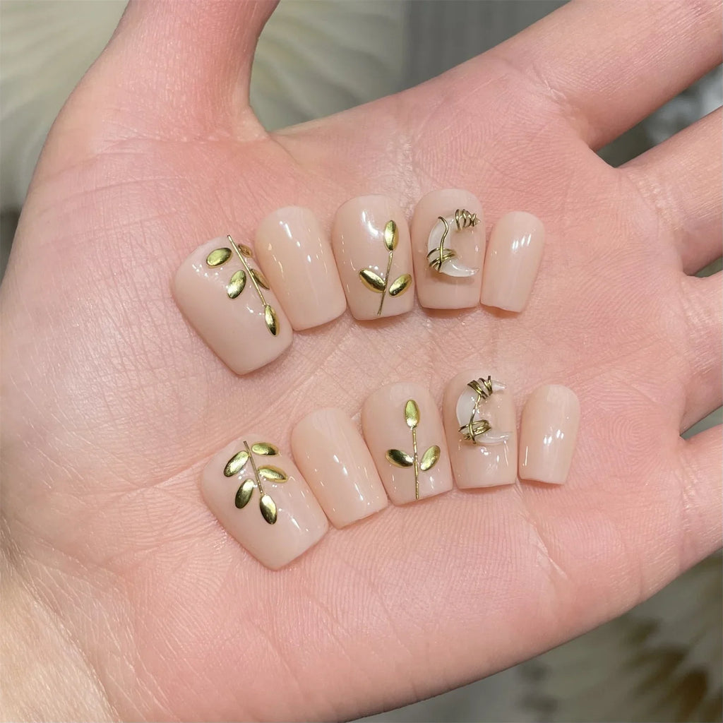 Nude Press On Nails Gold-Leaf Design | Short Fake Nails 10pcs