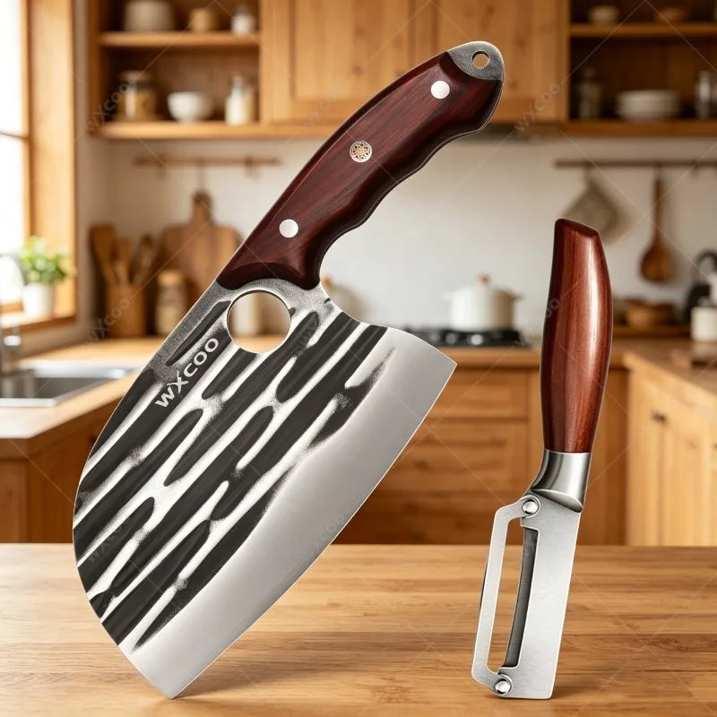WXCOO Stainless Steel Chef Cleaver & Peeler Set | Wood Handle