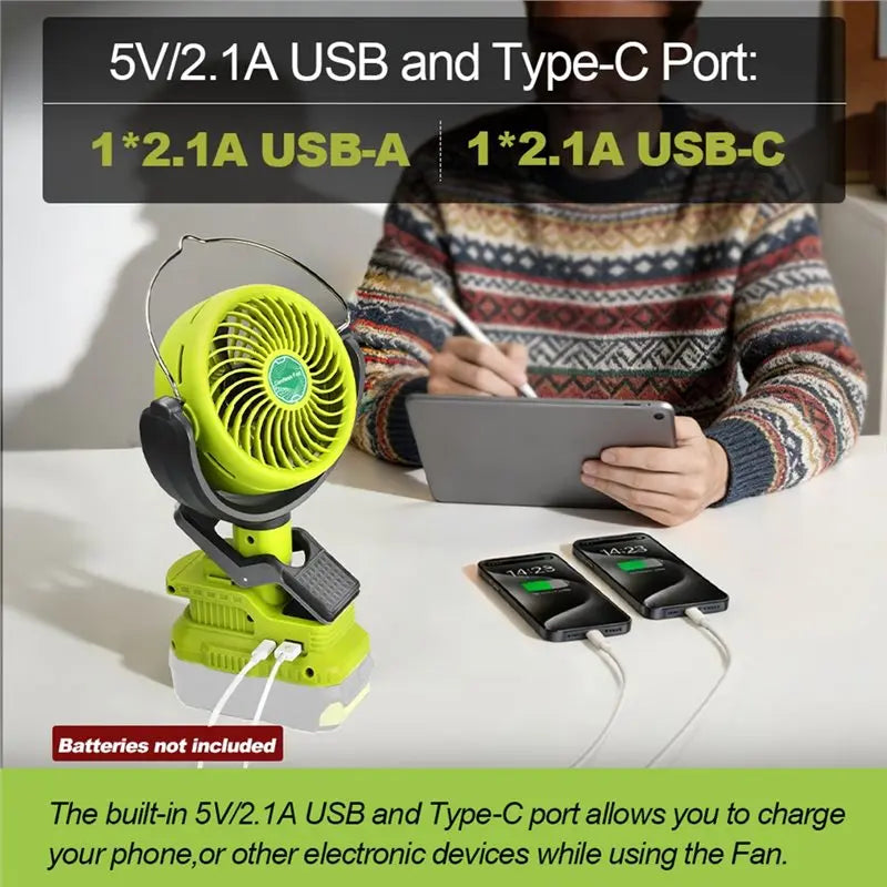 Cordless Clip Fan for Ryobi 18V Battery – Dual USB Portable Fan
