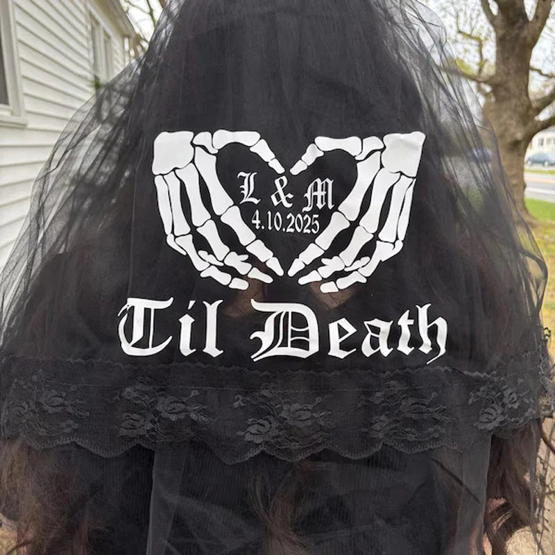 Personalized Gothic 'Til Death Skeleton Hand Black Veil | Wedding
